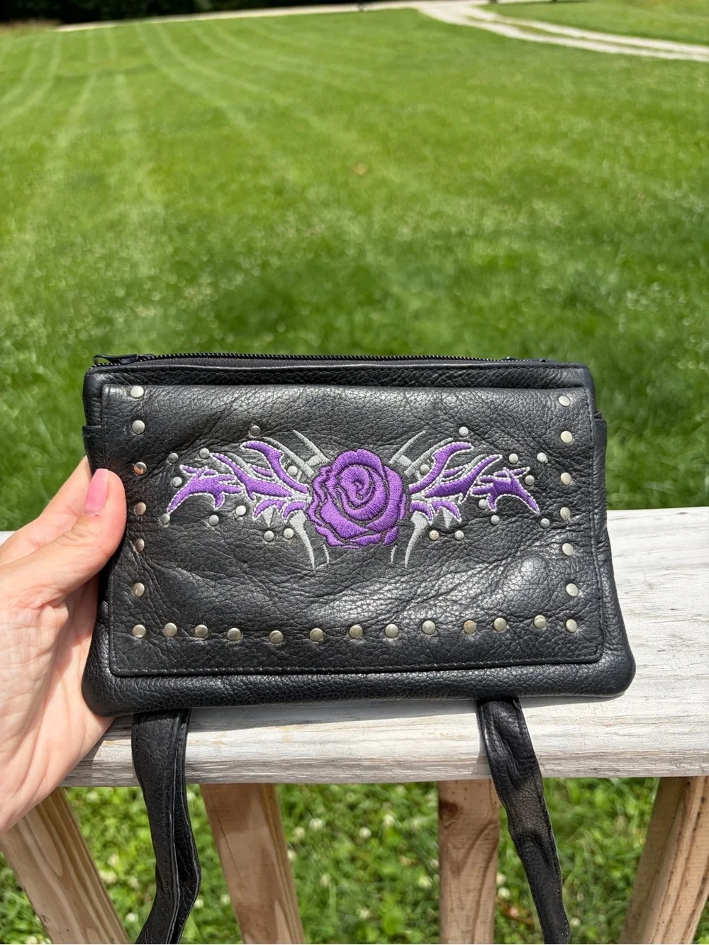 Purple Rose All Leather Belt Bag Biker Bag Ren Faire Fairy Whimsical Goth Grunge